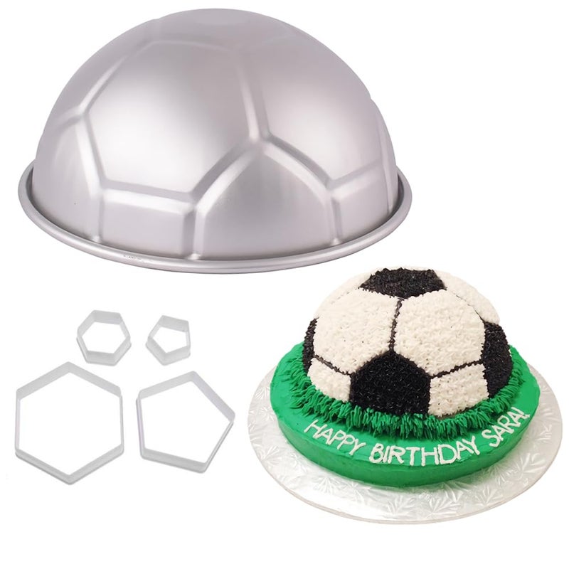 HiParty 9 Inch 3D Full-size Soccer Ball Aluminum Baking Pan with 4Pcs Hexagon Pentagon Cookie Cutter, Football Shape Metal Cake Pan Mold Boy's Birthday Sports Party Cake Bakeware Supplies - Image 1